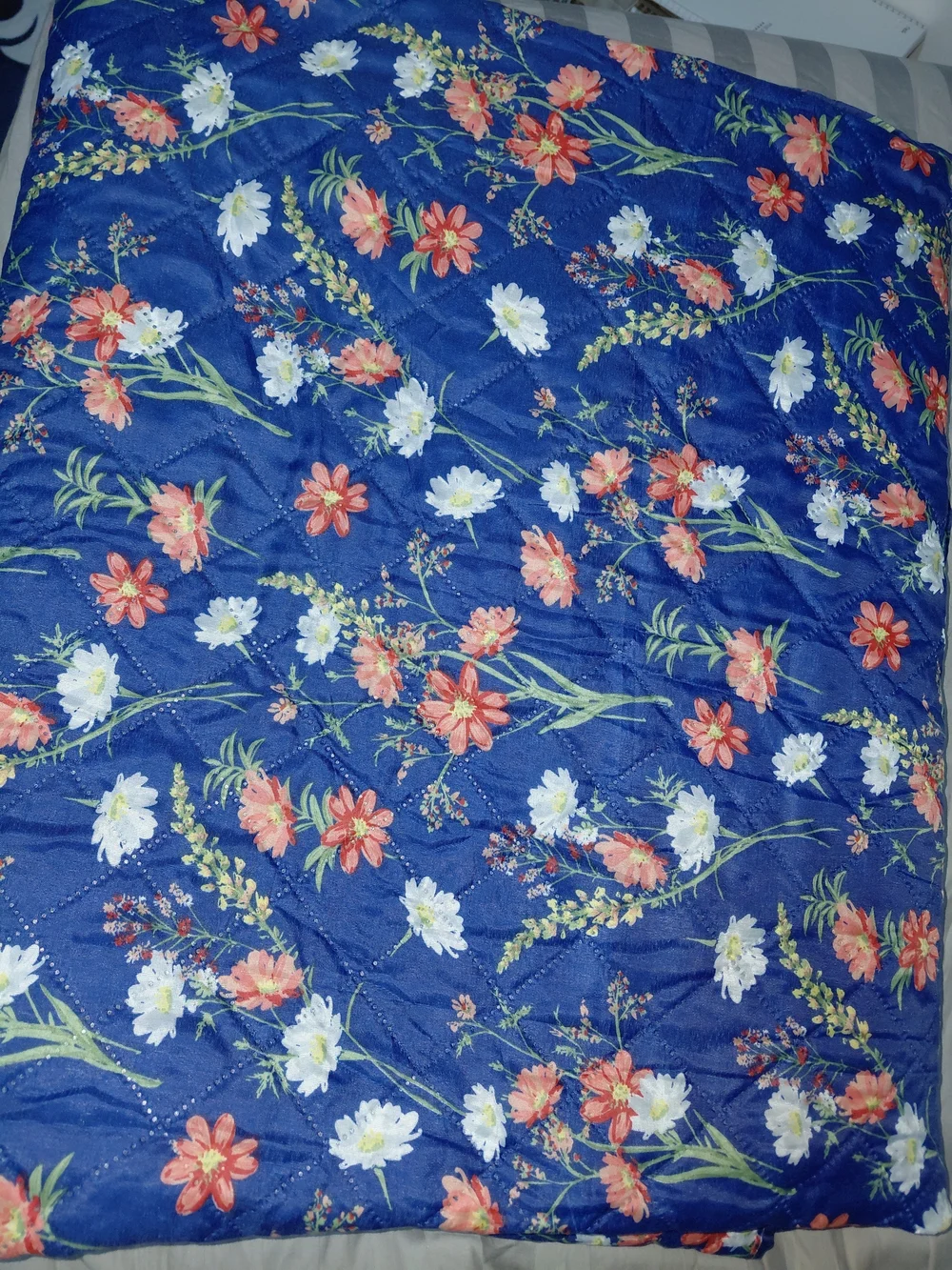 Navy Floral Quilted Bedspread with Coral & White Blooms